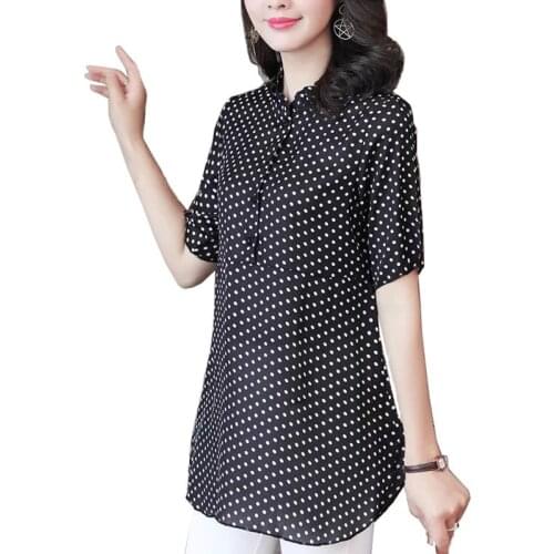 Plus Size Women Spring Summer Style Chiffon Blosues Shirts Lady Casual Black Polka Dot Printed Chiffon Blusas Tops ZZ0241