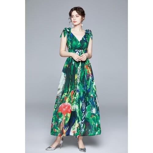 2021 New Summer Runway Maxi Womens V-Neck Bow tie Strap elastic Waist Green Jungle Print Holiday Boho Chiffon Long Dress