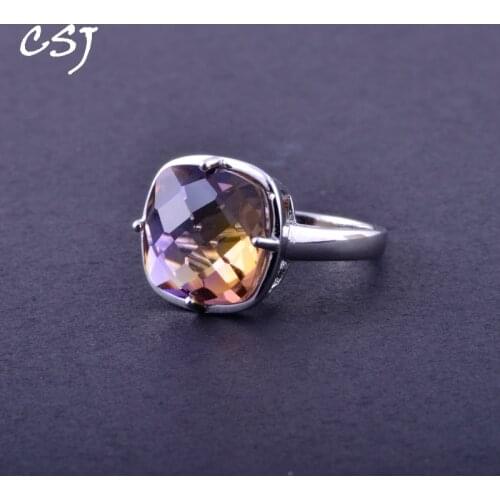 CSJ Elegant Ametrine Rings Sterling 925 Silver Natural Gemstone Cushion 12mm Women Lady Wedding Engagment Party Gift Box