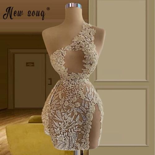 Two Designs Women Lace Mini Prom Dress 2021 One Shoulder Short Cocktail Dresses Sexy Tight Illusion Sheer Party De Soiree