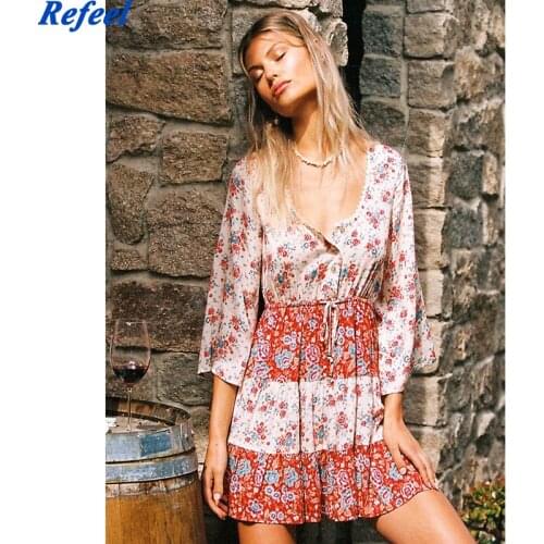 Spring summer women mini dress bohemian floral print sexy v neck short sleeves sashes holiday beach robe femme