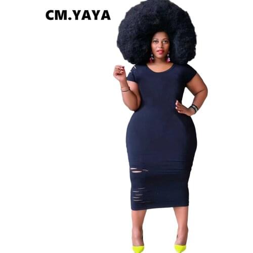 CM.YAYA Women Plus Size Short Sleeve Hole Bodycon Women Midi Maxi Dress Streetwear Basic Solid Summer Pencil Dresses