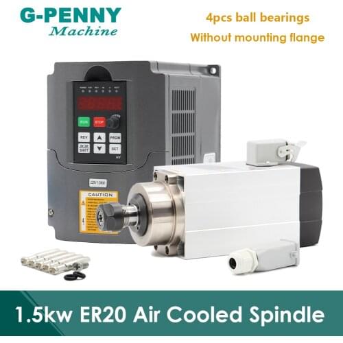 New Arrival! 1.5kw ER20 Air Cooled Spindle motor square spindle air cooling 4pcs bearings 0.01mm accuracy & 1.5kw HY inverter