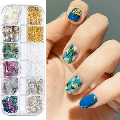 12 Grid Abalone Natural Shell Fragments Marine Style Nail Jewelry 2021 Mixed Gel Nail Decoration Accessories