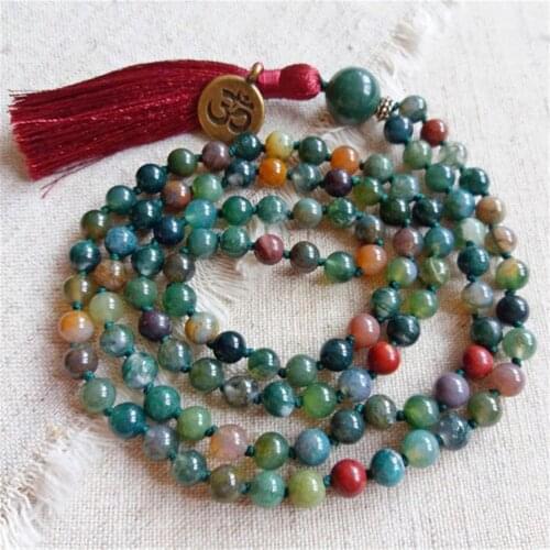 6mm Moss Agate Gemstone 108 Beads knot Tassel Mala Necklace Tibetan Japa Spiritua Chakra Meditation Yoga Spirituality