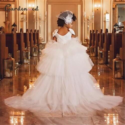 White Flower Girl Dress Puffy Shining Princess Dresses For Girls Tulle Bow First Communion Gown Disassemble Skirt