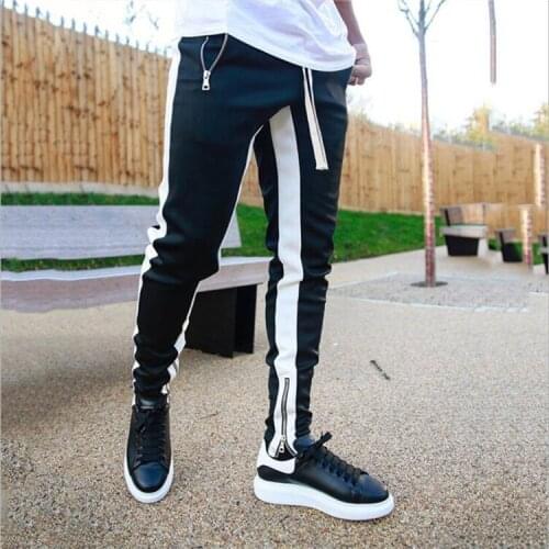 Mens Casual Pants Contrast Color Sportive Trousers with Zipper Leg Openning Male Jersery Drawstring Elastic Sweatpants