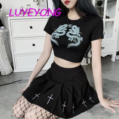 Black Dark Goth Woman Tight Short T-shirt 2020 Lady Chinese Dragon Print Slim Bodycon Hipster Tshirt Gothic Punk Sport Basic Top