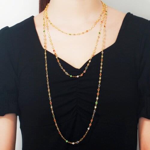 CWWZircons Shiny Rainbow Cubic Zirconia Yellow Gold Color Tennis Long Sweater Chain Necklace for Women Bohemian Jewelry CP058