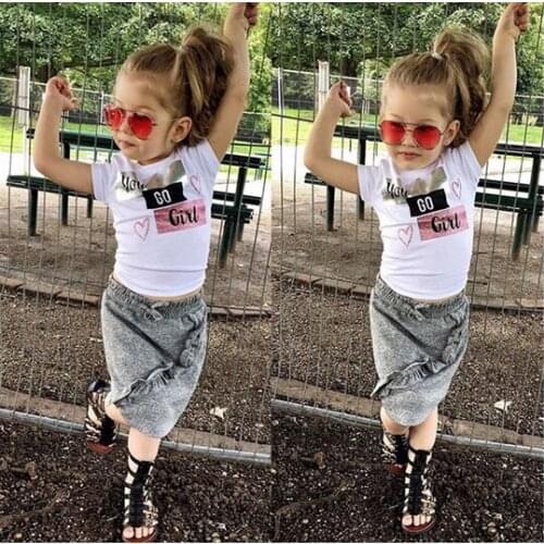 FOCUSNORM 2pcs!! Summer Child Clothes Toddler Kids Baby Girls Tops Short Sleeve T-shirt+Denim Skirts Dress Outfits Clothes Set