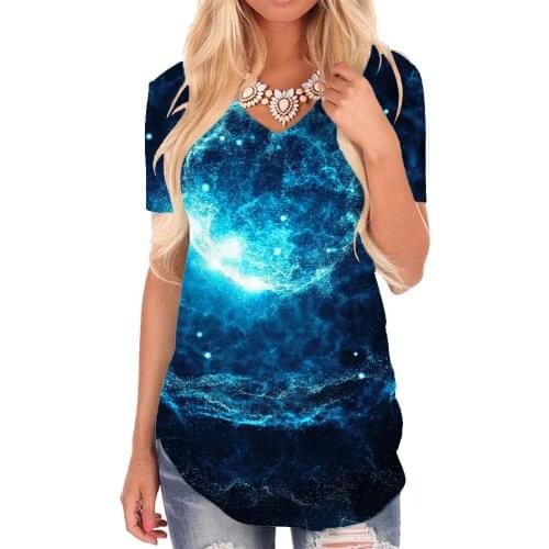 Giyu Brand Galaxy T Shirt Women Space Shirt Print Universe V-neck Tshirt Dark Blue Tshirts Printed Womens Clothing Fashion Cool