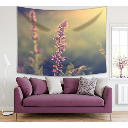Tapestry Lavender Wild Flower in Sunset Countryside Nature Garden Vintage Style Photo Purple Green