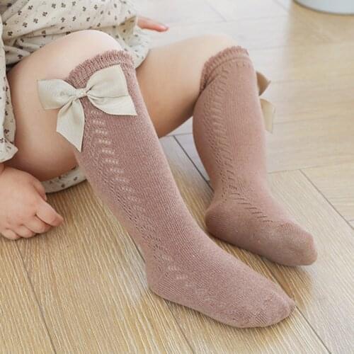 Summer Mesh Baby Socks Cute Bows Hollow Kids Girl Knee High Socks Breathable Solid Color Soft Infant Toddler Long Socks