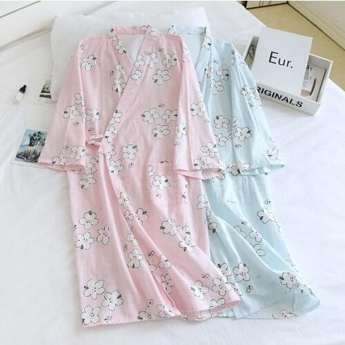 Simple and Sweet Style Pure Cotton Gauze Soft Breathable Kimono Bathrobe Nightgown Spring/Summer Loose Robes for Women Sleepwear