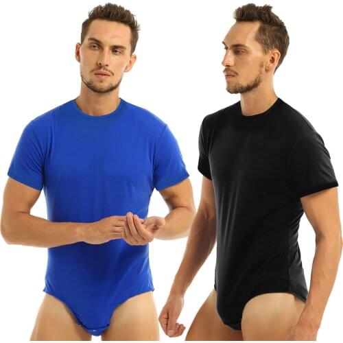 Men Adults One-Piece Lingerie Romper Pajamas Round Neck Short Sleeves Solid Press Crotch T-Shirt Bodysuit Sleepwear Nightwear