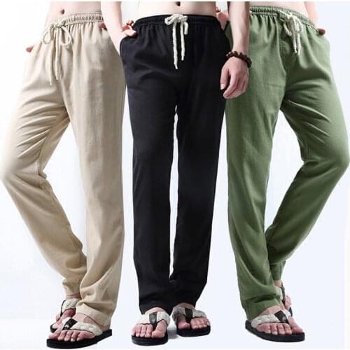 2020 Men Casual Pants Cotton Linen Elastic Waist Solid Vintage Joggers Loose Straight Trousers Mens Workout Streetwear 4XL