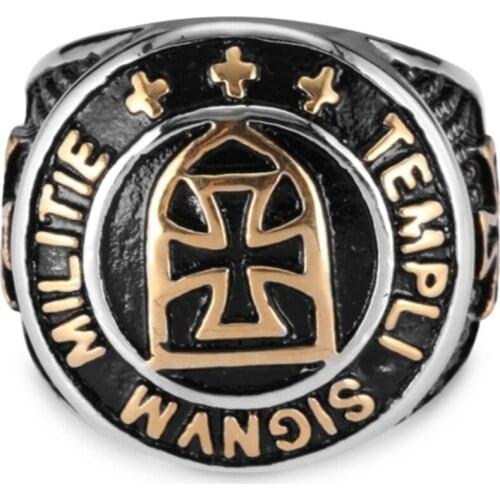 Vintage Black Gold Cross Knight Templar Mens Ring Punk Letter Templi Signvm Militie Christian Biker Rings for Men Boho Jewelry
