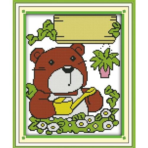 Little bear watering cross stitch kit 14ct Pattern printed on canvas DMC embroidery handmade needlework craft supplies material