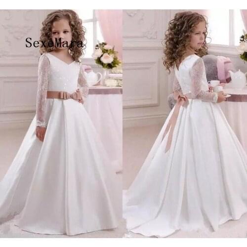 New White Long Sleeves Flower Girl Dresses V Neck Pageant Gown With Bow Sash Girls First Communion Dress