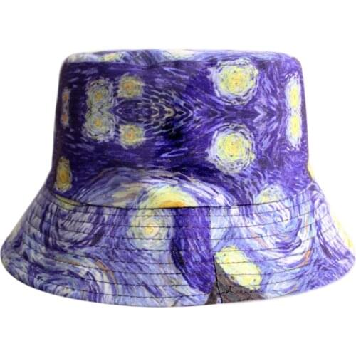 Bucket-Hats Women Men Van Gogh Starry Sky Print Fisherman Cat Cotton Fashion Sunscreen Hip Hop Panama Hat 2021 Spring Summer New