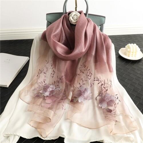 Silk Headscarf Wool Scarf for Ladies Elegant Floral Embroidery Hijab Female Spring Summer Thin Foulard Bufanda Pashmina