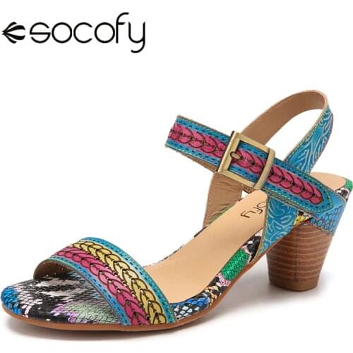 SOCOFY Colorful Strap Cowhide Leather Snakeskin Comfy Wearable Hook Loop Casual Heels Sandals Womens High Heels Women Shoes