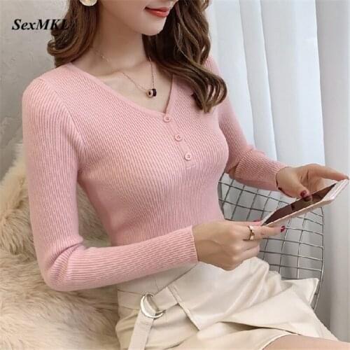 Women Casual Winter Sweaters 2020 Fashion Sexy V Neck White Pink Pullovers Korean Clothes Tops Harajuku Basic Black Sweater