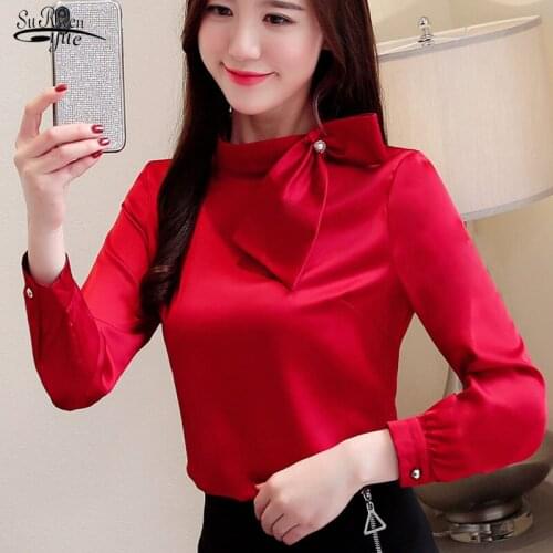 Womens Tops Blouses Blusas 2021 Bow Plus Size Chiffon Blouse Solid Long Sleeve Women Blouse Stand Korean Casual New Shirts 2223