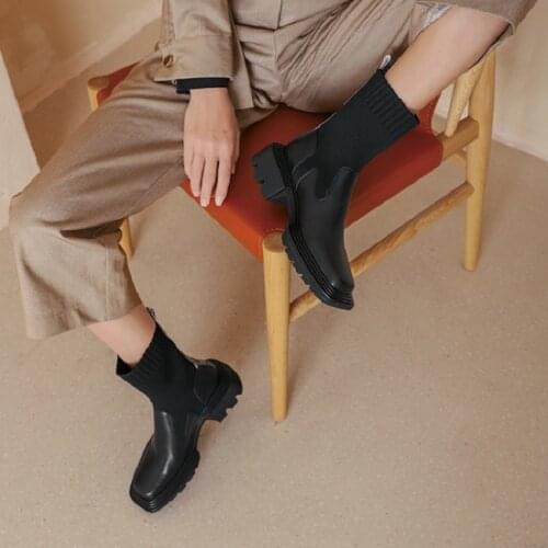 2020 Winter Womens Shoes Thick Heel Square Toe Leather Stitching Boots Waterproof Platform Winter Boots Women