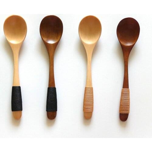 100pcs 13*2.8cm Wooden Spoon Ice Cream Coffee Tea Soup Wood Honey Spoons Handle with Yarn Rope WB72