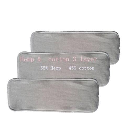 3 Layer Organic Hemp Cotton Insert for baby Cloth Diaper nappy, 55% hemp, 45% cotton 10pcs/lot