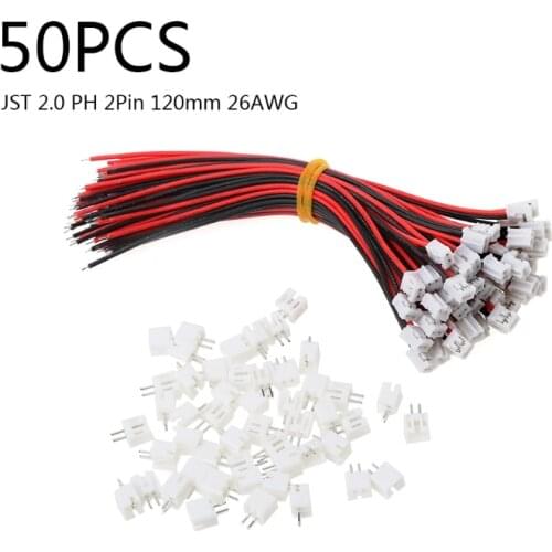 50Pcs Mini Micro JST 2.0 PH 2-Pin Connector Plug with 120MM 26AWG Connecting Wire Cables