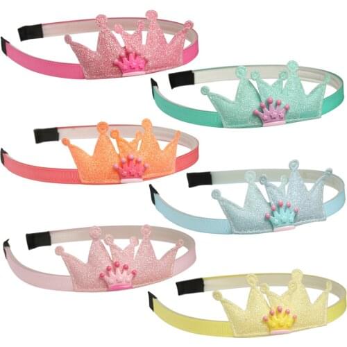 6pcs/lot Sequin Crown Hairbands Girls Mini Cartoon Head Bands Glitter Ribbon Plastic Hair Bands For Kids
