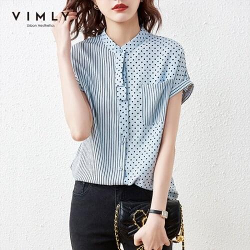 VIMLY New Summer Button Up Shirt Elegant Ladies Dot Spliced Stand Collar Vintage Blouse Short Sleeve Tops Female Blusas F7389