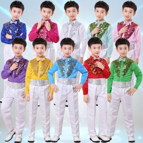 Childrens primary and secondary school sequins jazz dance costumes boys host long sleeve suit performance clothing