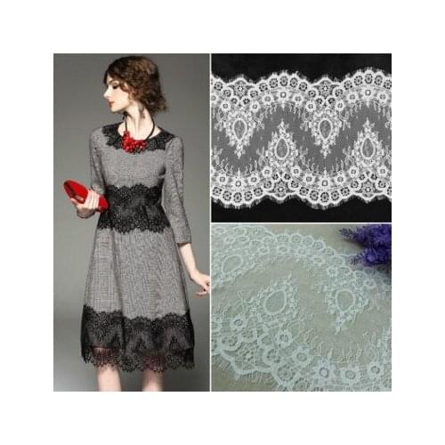 6Meters Classical Old Design and Nylon Full Dress Eyelash Lace Soft Black / Off White French Bilateral Chantilly Lace Fabric