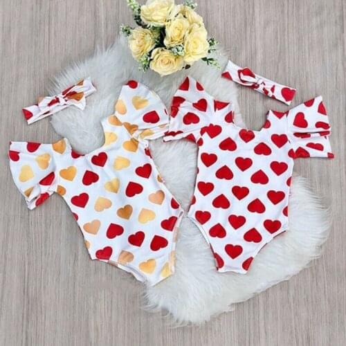 PUDCOCO Newborn Baby Girls Valentines Day Heart Print Romper Jumpsuit Playsuit Headband Outfits 0-18M