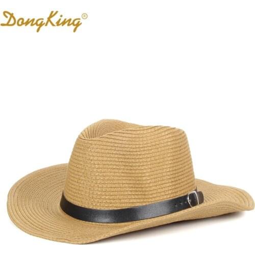 DongKing Cowboy Hat Panama Hat Trilby Gangster Cap Casual Trendy Stetson Cap Straw Jazz Hat Black Leather Belt String Stopper