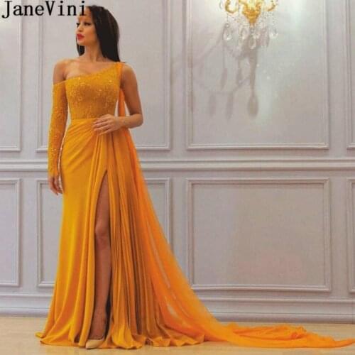 JaneVini Sukienka Dluga Arabic Lace Evening Dresses Dubai Ginger Yellow Long Sleeve Mermaid Side Split Formal Dress Prom Gowns