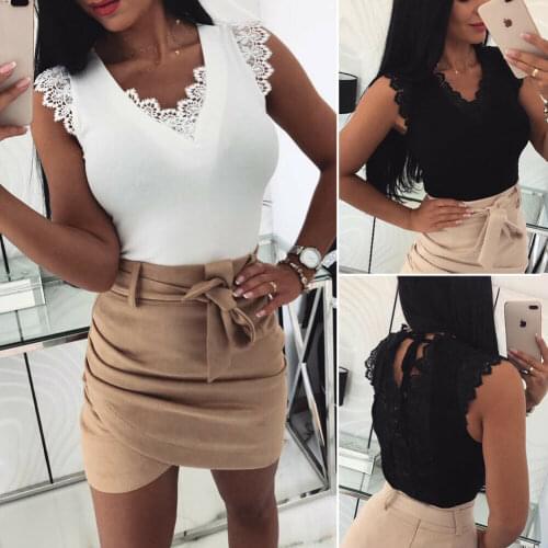 Women Sexy Solid Color Lace Stitching V-Neck Sleeveless Ribbed Vest For Girls Summer Tank Tops Fashion White/Black/Purple Pink