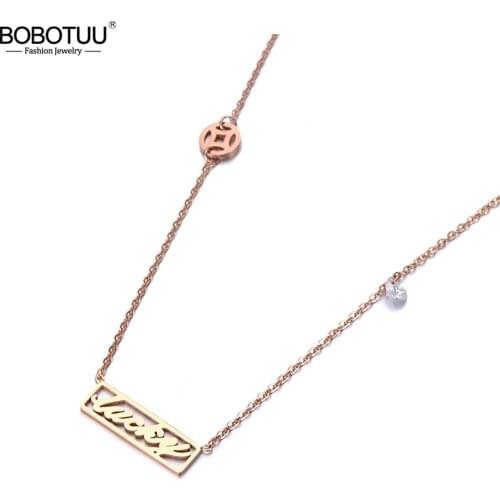 BOBOTUU Trendy Ancient Coins Luckly Charm Necklaces For Women Girl Rose Gold Stainless Steel CZ Crystal Pendant Jewelry BN19031