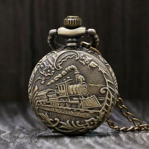 Fashion Cool Retro Bronze 3D Locomotive Design Quartz Small Size Pocket Watch With Sweater Necklace Chain Gift To Girls