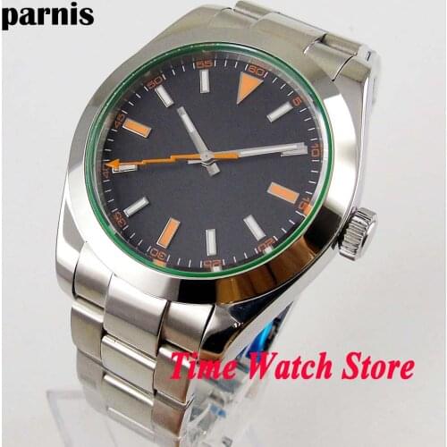 Parnis 40mm Miyota 8215 Automatic mens watch sapphire glass black strile dial luminous waterproof flash hand SS bracelet