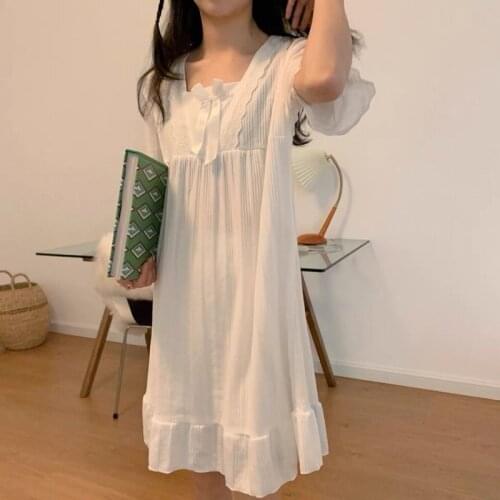 Women Nightgown Summer Cotton Vintage Nightdress Girls Cute Lace Ruffles Sleepwear Ladies Sweet White Dress Soft Loose Home Wear