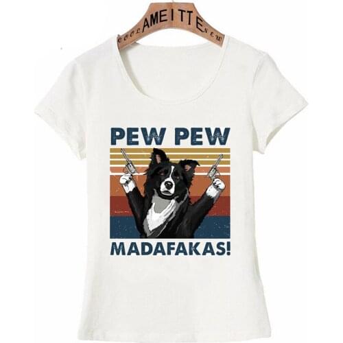 New Summer Women Short Sleeve Border Collie Pew Pew Classic T-Shirt Funny Cute Dog Print Casual Girl Tops Harajuku White Tee