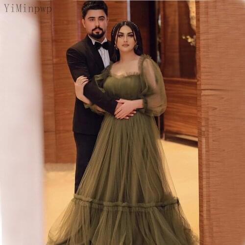 YiMinpwp Olive Prom Dresses Square Neck Long Sleeve Floor Length A Line Ruched Women Formal Prom Party Gowns vestidos de fiesta