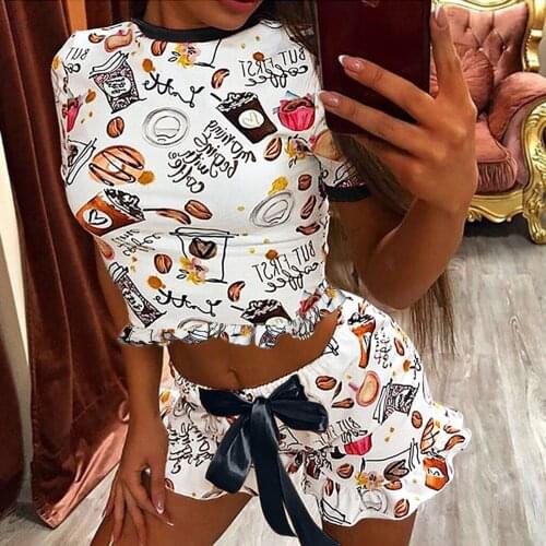 Women Fashion Pajamas Print Short Sleeve Shorts Lingerie Cartoon Fashion Nightwear With Bow Crop Top And Short Sleepwear Set