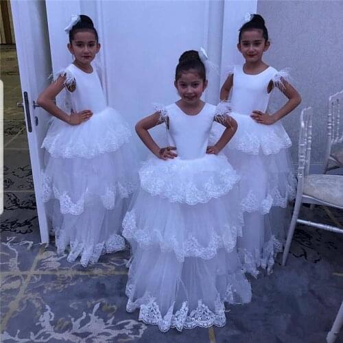 Puffy White Lace Flower Girl Dresses Cap Sleeve Little Princess Wedding Party Gown First Communion Dress