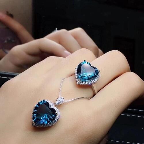 Heart style classic ocean blue Topaz gemstone ring and necklace jewelry set 925 sterling silver love birthday gift New Year