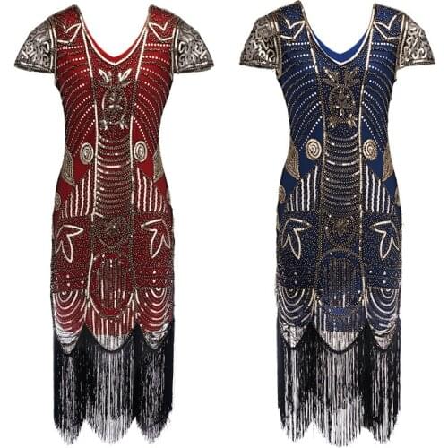 Embellished Beaded Sequin Dress Robe Vestidos Women 1920s Flapper Dress Vintage V Neck Butterfly Sleeve Long Great Gatsby Dress